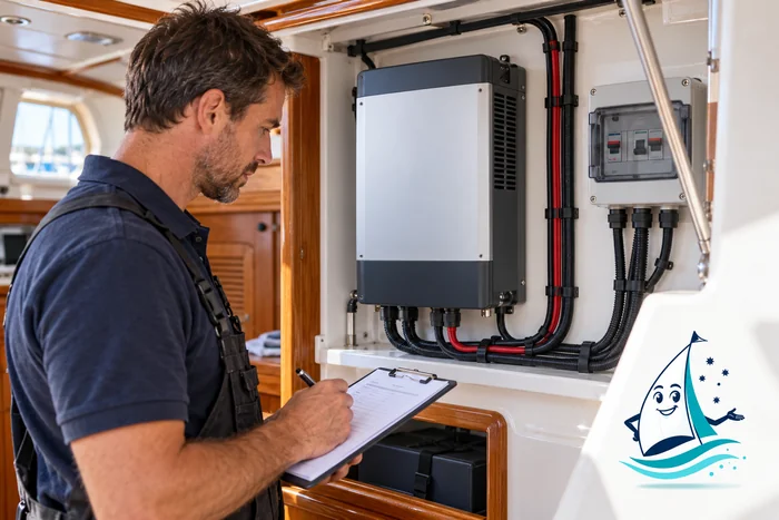 Inverter, shore power & AC appliances: editorial illustration with Saily